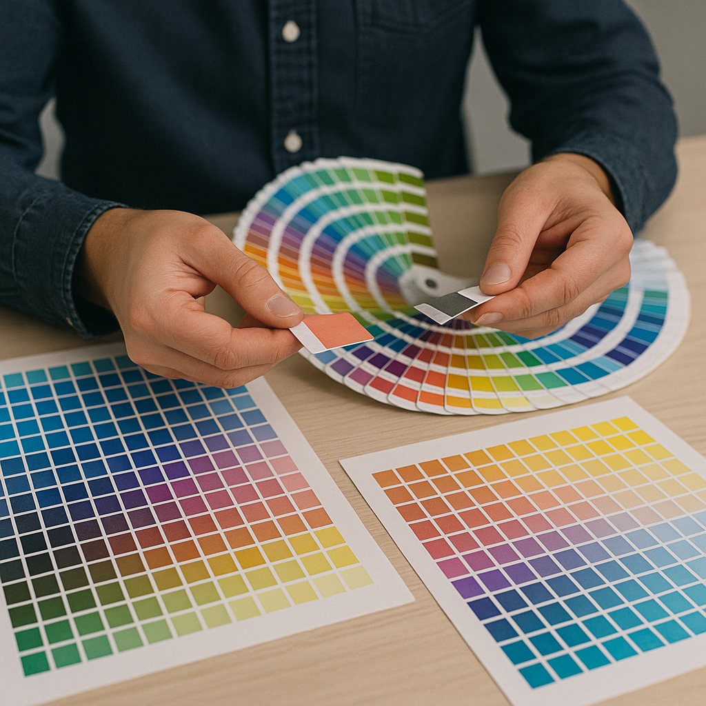 طراح گرافیک در حال انتخاب پالت رنگ CMYK برای چاپ