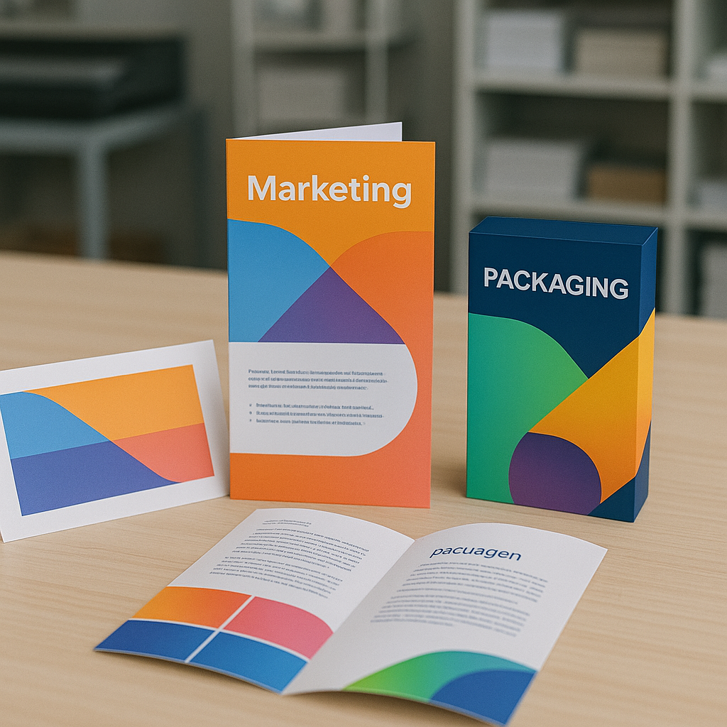نمونه‌های چاپی رنگارنگ شامل بروشور و بسته‌بندی در استودیو چاپ