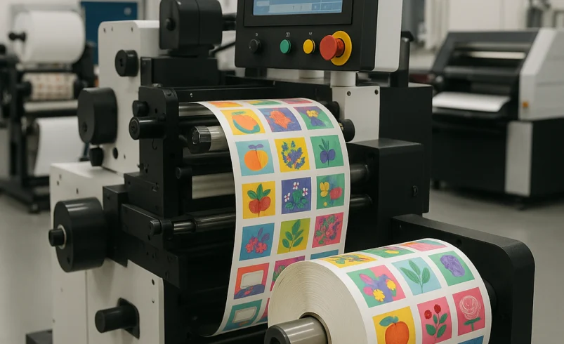 چاپخانه مدرن در حال چاپ رول لیبل رنگی با دستگاه پیشرفته