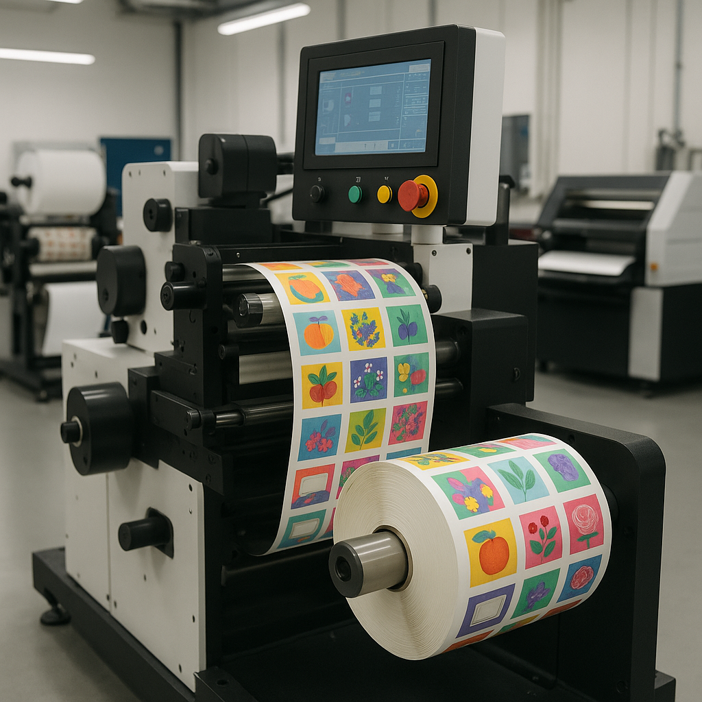 چاپخانه مدرن در حال چاپ رول لیبل رنگی با دستگاه پیشرفته