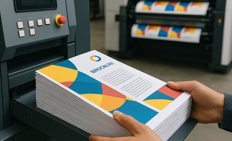 چاپخانه مدرن در حال چاپ بروشورهای رنگی به صورت انبوه