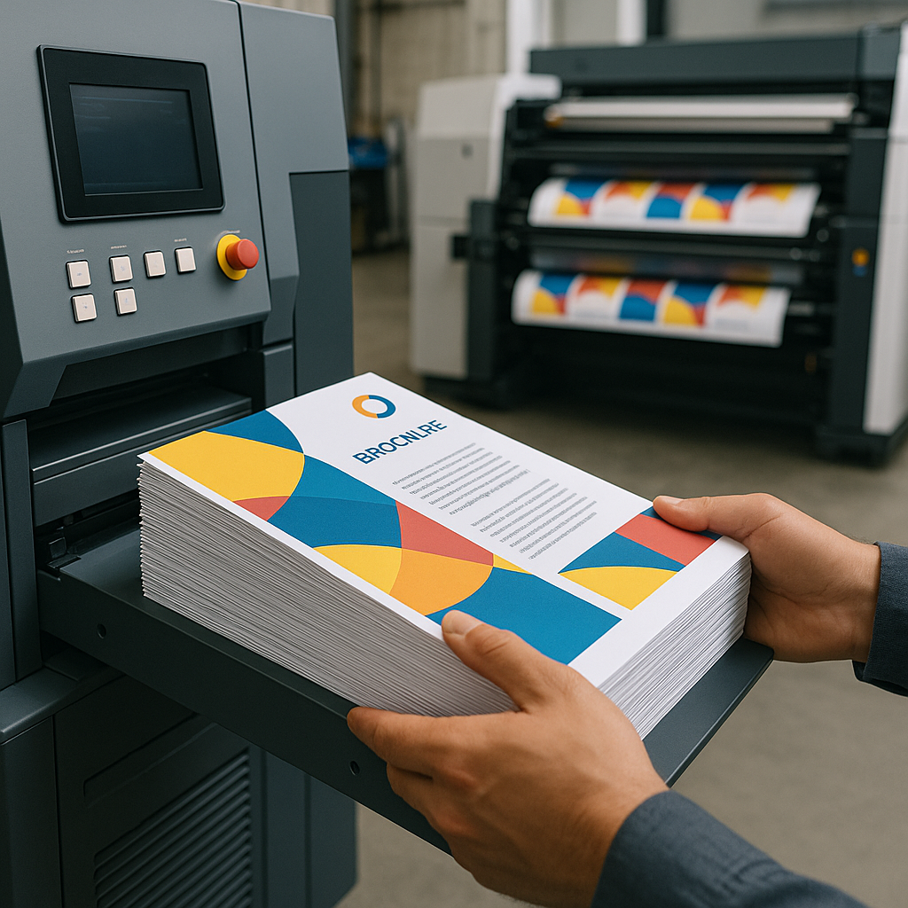 چاپخانه مدرن در حال چاپ بروشورهای رنگی به صورت انبوه