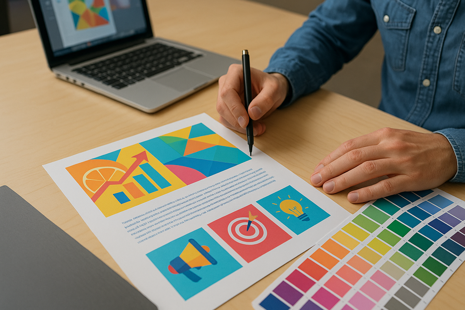 طراح گرافیک در حال طراحی بروشور تبلیغاتی با لپتاپ و پالت رنگ